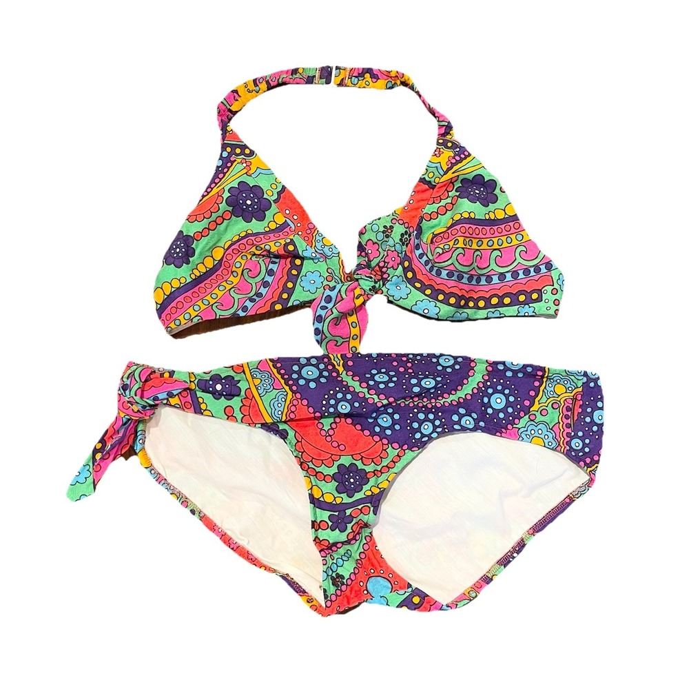 Vtg 60s 70s Groovy‎ Retro Neon Floral Disco Bikini 2 PC Swimsuit Colorful Hippie